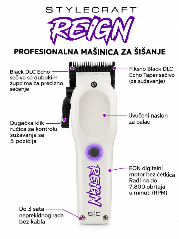 Trimer za kosu i bradu StyleCraft SC Reign Beli