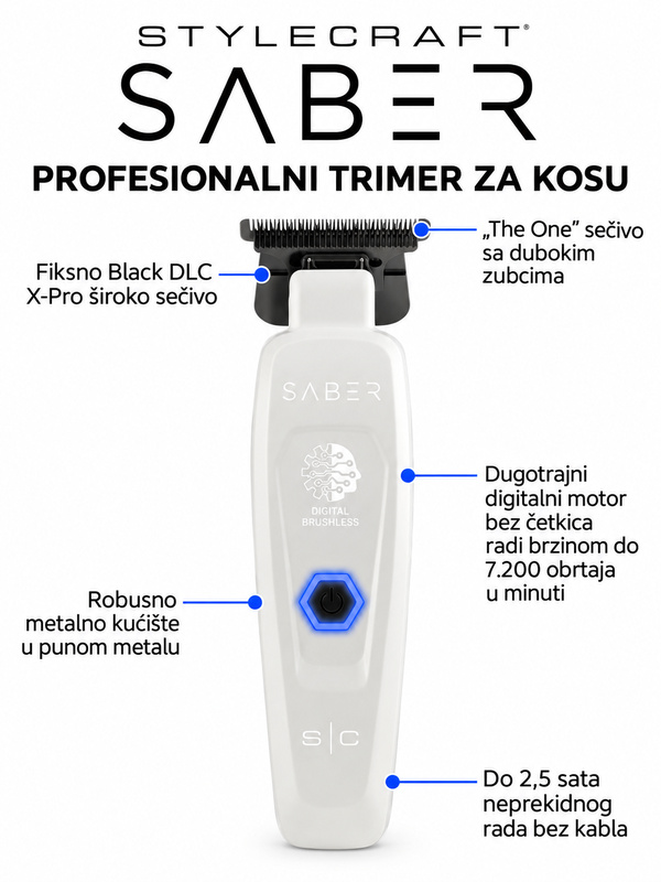 Trimer za kosu i bradu StyleCraft Saber Beli